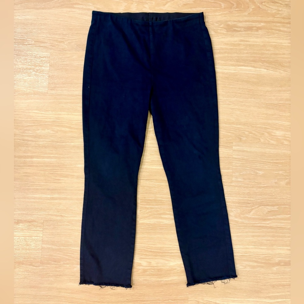 Frank & Eileen Derry Illusion 01 Pants Size 32 Navy Crop Raw Hem Stretch Slip On